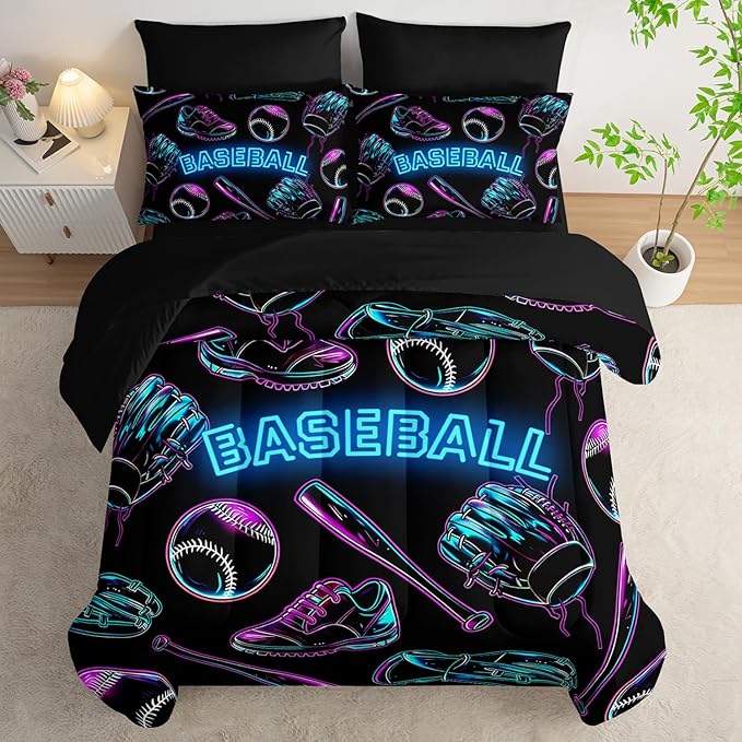 Baseball Sports Comforter Set 7Pcs Sneaker Baseball Bat Gloves Bedding Set for Kid Teen Girl Boy Adult Sports Games Shoes Quilt Bed Decor Queen with 2 Sheets,2 Pillowcases,2 Throw Pillow Covers