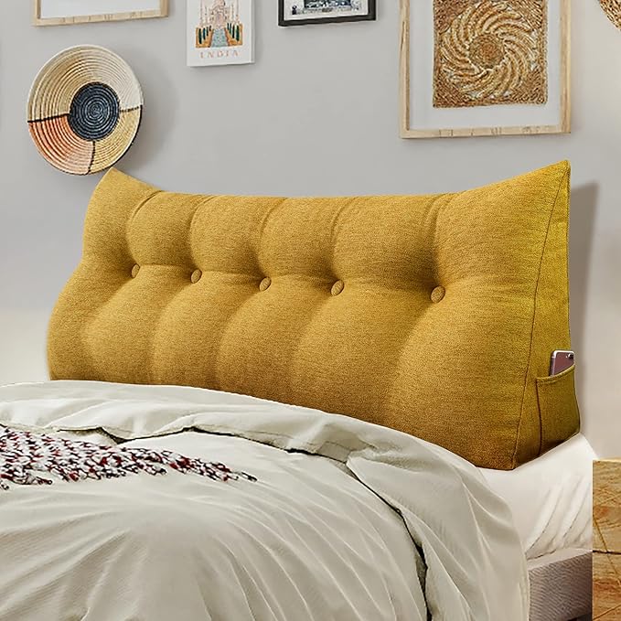Wedge Headboard Pillow Dorm Room Reading Pillow Back Support for Sitting Up in Bed Bolster Lumbar Cushion Body Positioning Bedrest Gift for Mom Cotton Linen 59in Yellow Queen