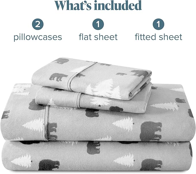 Bare Home Flannel Sheet Set Prints, 100% Cotton, Velvety Soft Heavyweight - Double Brushed Flannel for Extra Softness & Comfort - Deep Pocket - Bed Sheets (King, Kodiak)