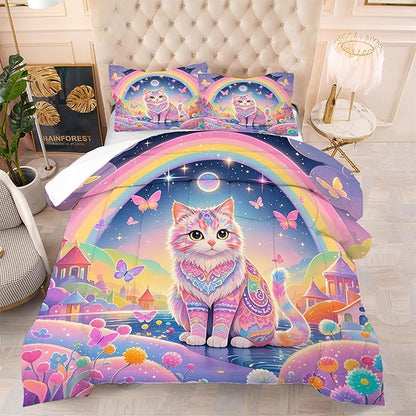 Rainbow Cat Bedding Set: King Size Cat Print Comforter Set Ethnic Kitten Castle Quilts for Women Adults Teens Couple Colorful Feline Butterflies Floral Pet Bed Set 3 Piece