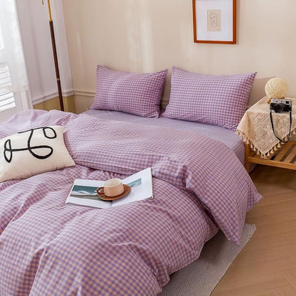 BuLuTu Purple Check Duvet Cover Set Twin Cotton Soft Breathable Bedding Duvet Cover for Kids Boys Buffalo Plaid Purple Comforter Cover Set 【 3Pcs -1 Twin Duvet Cover Set + 2 Pillowcases】