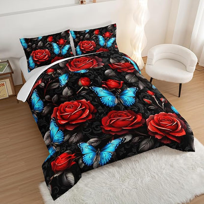 Black Red Rose Comforter Sets,Blue Butterfly Comforter Set Queen Bedding Sets for Girls Women Bedroom Decor,Romantic Floral Themed Bedding Soft Lightweight Comforter Sets with 2 Pillowcases.