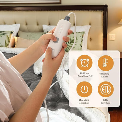 Electric Heated Blanket Flannel & Sherpa 62"x84" Twin Size - 4 Heat Levels 10H Auto Shut Off Fast Heating Cozy and Comfortable Warm Gifts, Machine Washable - Light Gray