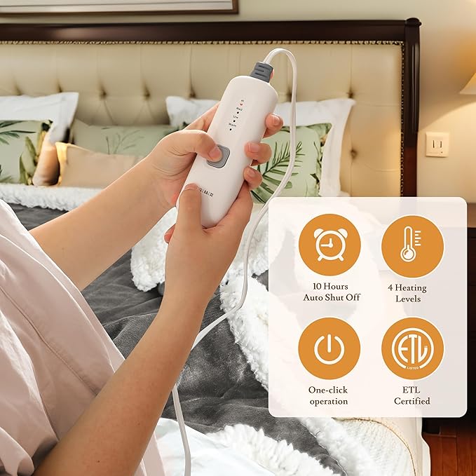 Electric Heated Blanket Flannel & Sherpa 72"x84" Full Size - 4 Heat Levels 10H Auto Shut Off Fast Heating Cozy and Comfortable Warm Gifts, Machine Washable - Light Gray