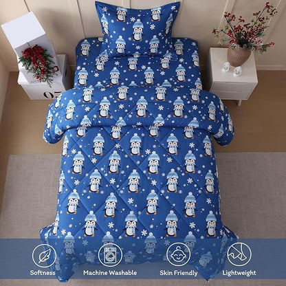 JSD Penguin Snowflakes Kids Christmas Comforter Set Queen Size, 3 Piece Xmas Printed Microfiber Bedding Set, Machine Washable