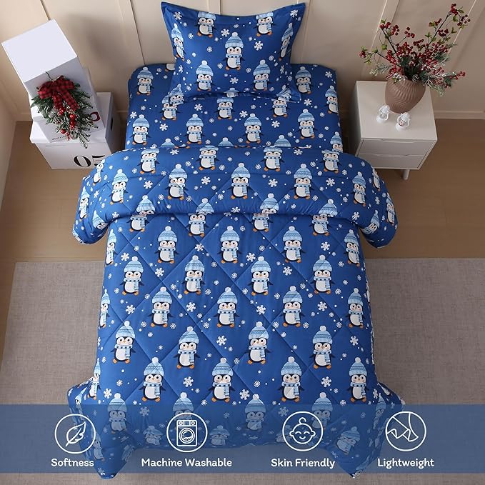 JSD Penguin Snowflakes Kids Christmas Comforter Set Full Size, 3 Piece Xmas Printed Microfiber Bedding Set, Machine Washable
