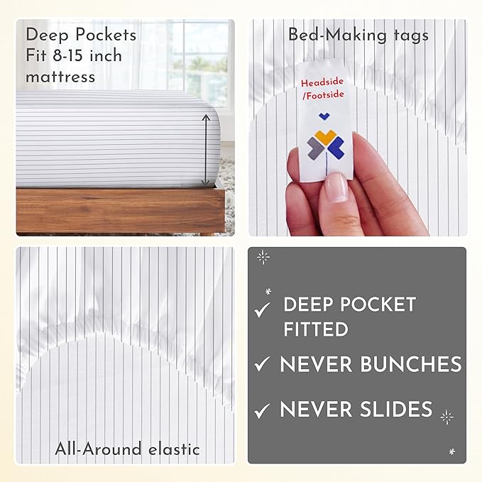 California Design Den Deep Pocket Twin Sheets Set - 400 Thread Count Sateen, Natural 100% Cotton Sheets, and Durable Bedding Set - Pinstriped