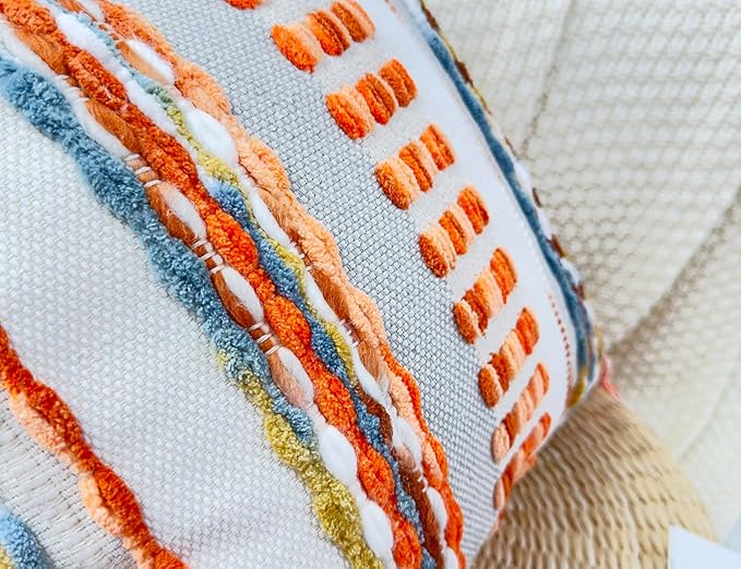 Boho Throw Pillow Covers 16x16 Aesthetic Neutral Boucle Couch Pillow Cover Rainbow Striped Decorative Accent Pillow Case for Couch Bed Sofa Farmhouse Bedroom,Modern Funky,Set of 2 Red