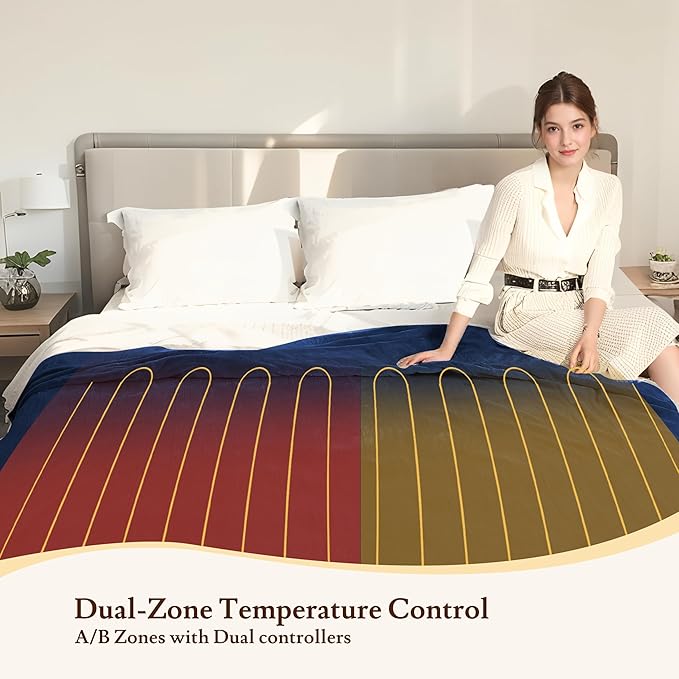 Electric Heated Blanket 84"x90" Queen Size - 4 Heat Settings & Dual Controllers, 10H Auto Shut Off, Ultra-Soft Coral Fleece Heated Blanket with Overheat Protection, Dark Blue