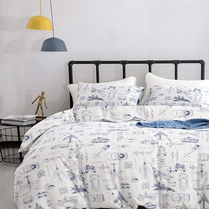 Wellboo Aircraft Comforter Sets Twin Boys Kids Plane Cartoon Bedding Comforters Cotton Toddler Children White and Blue Aviation Quilts Blue Military Cars Transport Army Blankets Adventure Dorm Bed
