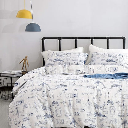 Wellboo Aircraft Comforter Sets Twin Boys Kids Plane Cartoon Bedding Comforters Cotton Toddler Children White and Blue Aviation Quilts Blue Military Cars Transport Army Blankets Adventure Dorm Bed