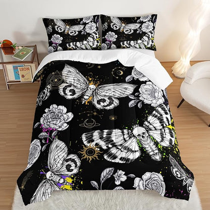 HOSIMA Death Moth Skull Heads King Size Comforter Set Horror Theme Halloween Bedding,Goth Bedding Set Floral Butterfly Bed Set Room Decor for Teen Girls Boys Black King Bed Comforter Set.