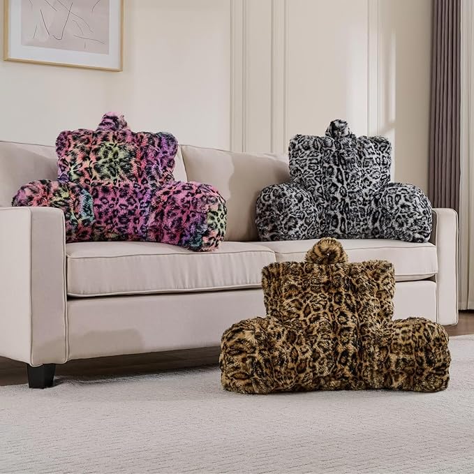 Reading Pillows for Boyfriend Adult,Velvet Back Pillow Bed Wedge Large, Back Rest Support Cushion for Sitting Up in Bed/Couch for Bedrest 18inch-Leopard Brown