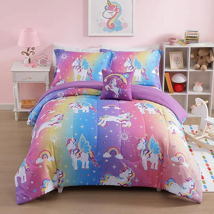 Twin Comforter Set for Girls-3 Pieces Rainbow Unicorn Twin Bedding Sets for Kids,1 Comforter,1 Sham and 1 Decor Pillow