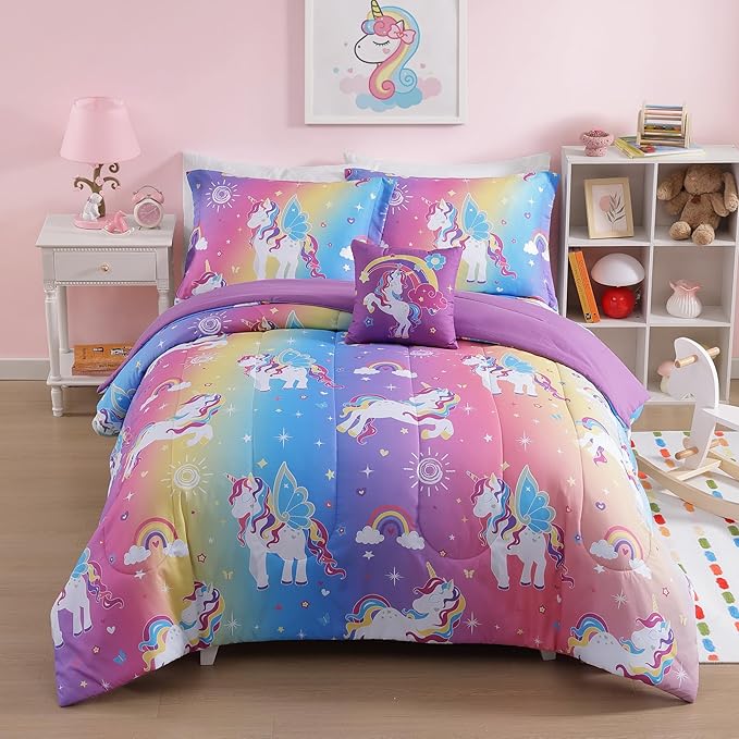 Full Size Comforter Set for Girls-4 Pieces Rainbow Unicorn Full Bedding Sets for Kids, 1 Comforter, 2 Shams and 1 Decor Pillow