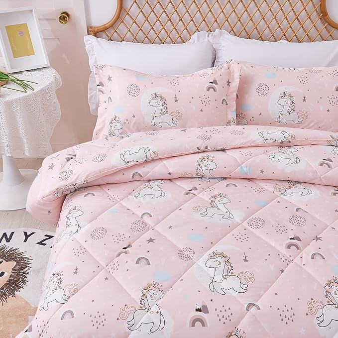 JSD Pink Unicorn Kids Comforter Set Twin Size, 2 Piece Girls Rainbow Microfiber Comforter with Pillow Sham, Lightweight All Season Washable