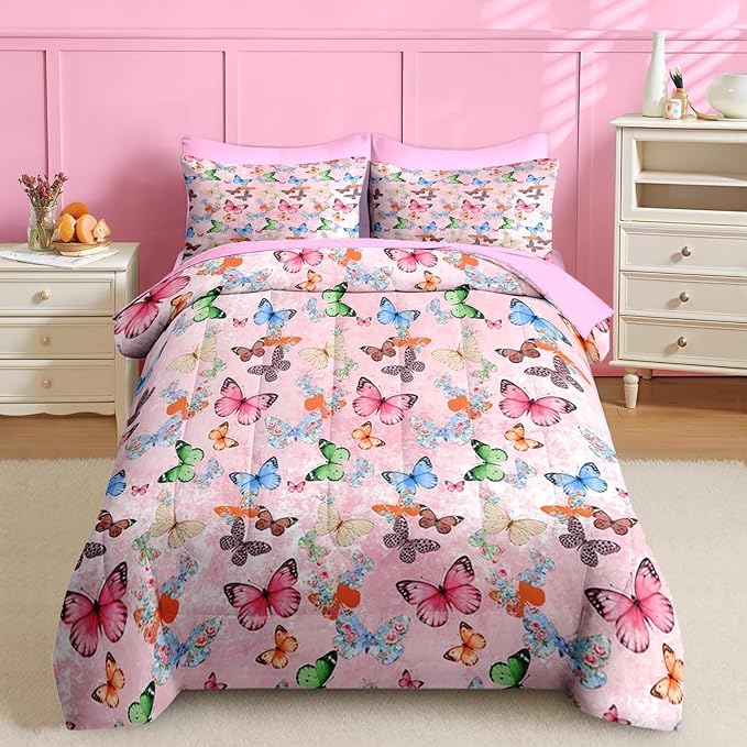 Nesker 7 Pcs Comforter Set Full Size, Colorful Butterfly Bedding for Kids Teen, Cute Butterflies with Fitted Sheet 2 Pillowcases & 2 Shams for Bedroom Bed Decor
