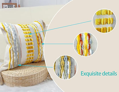 Boho Throw Pillow Covers 18x18 Aesthetic Neutral Boucle Couch Pillow Cover Rainbow Striped Decorative Accent Pillow Case for Couch Bed Sofa Farmhouse,Modern Funky,Set of 2 Yellow-Grey