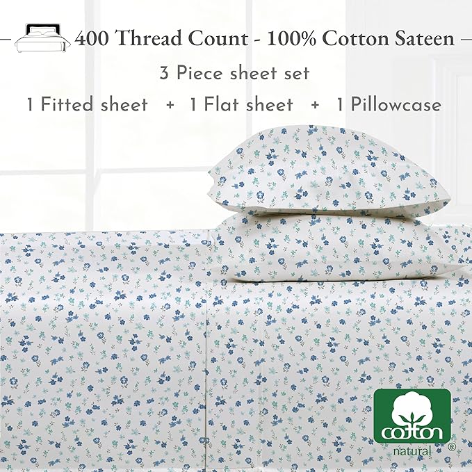 California Design Den Deep Pocket Twin Sheets Set - 400 Thread Count Sateen, Natural 100% Cotton Sheets, and Durable Bedding Set - Blooming Meadows