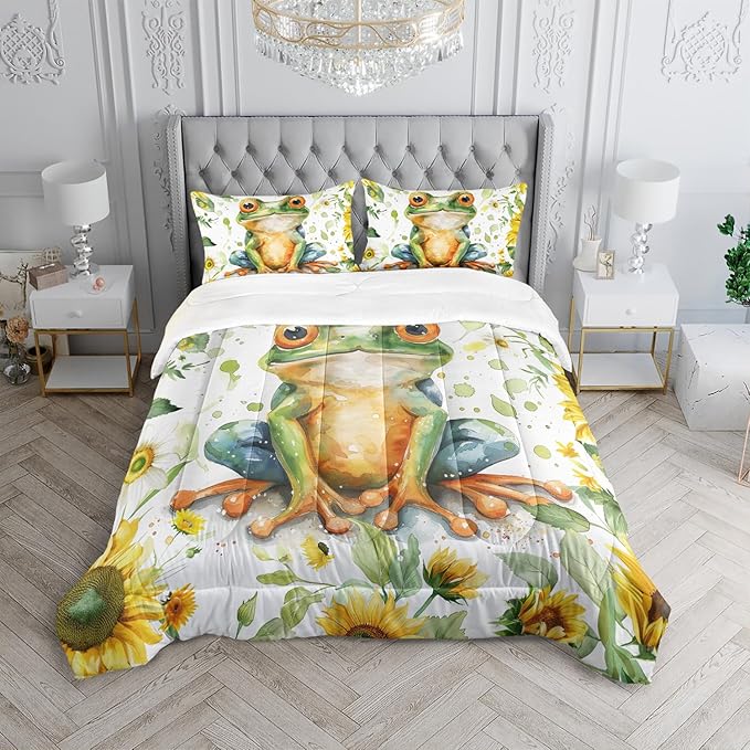 Cartoon Green Wild Frog Comforter 3Pcs Yellow Sunflower Bedding Queen Tropical Amphibian Animal Quilt Set for Kid Teen Girl Boy Adult Botanical Leaf Bed Decor with 1 Comforter and 2 Pillowcases
