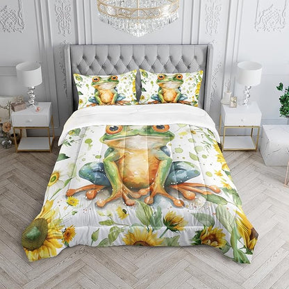 Cartoon Green Wild Frog Comforter 3Pcs Yellow Sunflower Bedding Queen Tropical Amphibian Animal Quilt Set for Kid Teen Girl Boy Adult Botanical Leaf Bed Decor with 1 Comforter and 2 Pillowcases