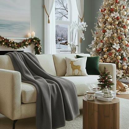 Cloud Scape Linen Herringbone Cotton Throw Blanket for Couch, Bed,Sofa, Home Decor, Soft, Heavy, All-Season, Winter Bed Blanket, Best Gift for Christmas, 50 x 70, Dark Grey