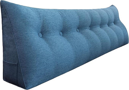 14 lbs Thickened Headboard Pillow Wedge Pillow Headboard Reading Pillow Bed for Backrest Reading Triangular Pillow with Side Pocket for Sitting in Bed Cotton Linen Blue King