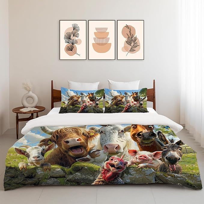 Funny Animals Bedding Set 3 Pieces Soft Lightweight Microfiber Farmhouse Cow Donkey Pig Bedspread Coverlet Set Fun Horse Duvet Cover Twin Full Queen King for Comforter Bed Set for Girls Boys Women Men