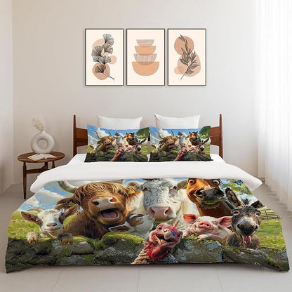 Funny Animals Bedding Set 3 Pieces Soft Lightweight Microfiber Farmhouse Cow Donkey Pig Bedspread Coverlet Set Fun Horse Duvet Cover Twin Full Queen King for Comforter Bed Set for Girls Boys Women Men