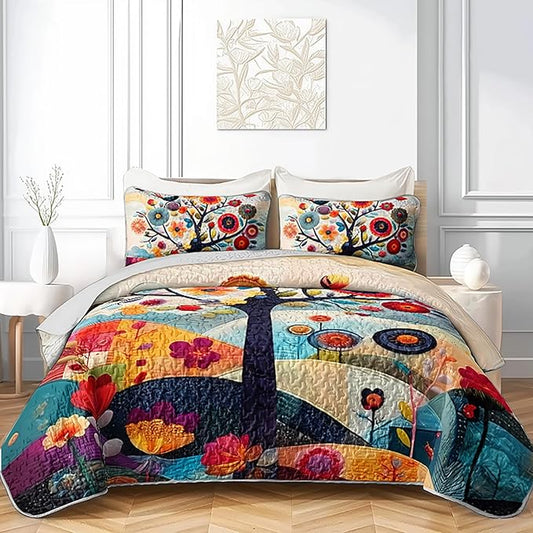 AILONEN Tree of Life Quilt Set Queen Size,Colorful Botanical Floral Bedspread Coverlet for Boys Girls,Nature Tree of Life Abstract Painting Quilt & 2 Pillowcases,3-Piece