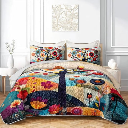 AILONEN Tree of Life Quilt Set Full Size,Colorful Botanical Floral Bedspread Coverlet for Boys Girls,Nature Tree of Life Abstract Painting Quilt & 2 Pillowcases,3-Piece