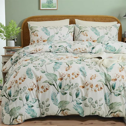100% Cotton Duvet Cover Queen Size – Eucalyptus Botanical Print Green Floral Duvet Cover Set, 3-Piece Soft Breathable Natural Premium Cotton Bedding Set for All Seasons
