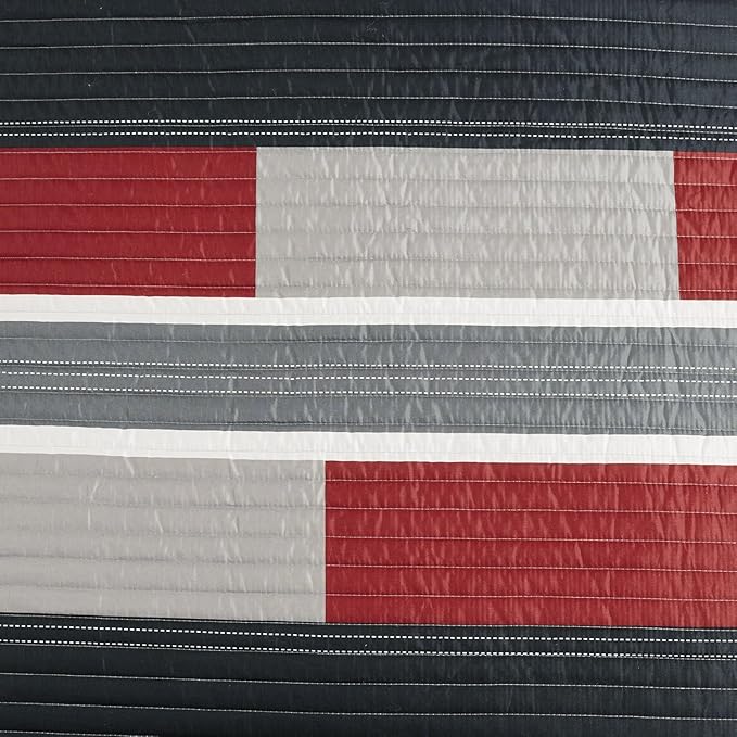 Comfort Spaces Quilt Set Trendy Casual Fun, Vibrant Color Design, Hypoallergenic All Season, Lightweight Coverlet Bedspread Cozy Kids Bedding & Sham Twin/Twin XL Pierre Black/Red Stripe 2 Piece