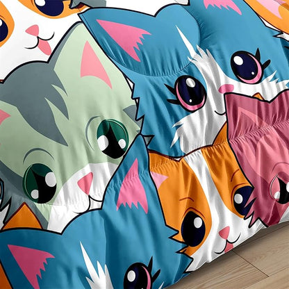 Cat Comforter Set for Girls - Balck Neon Cartoon Cats Bedding Set for Girls Bedroom Ultra Soft Cats Queen Size Comforter All-Season with 1 Quilt and 2 Pillowcases Home Room Decor