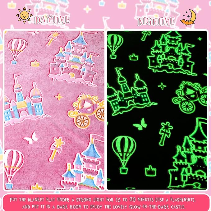 BORORO Princess Blanket for Girls - Princess Gifts Glow in The Dark Pink Blanket Castle Toys Birthday Gifts for Toddler Kids Girls Women