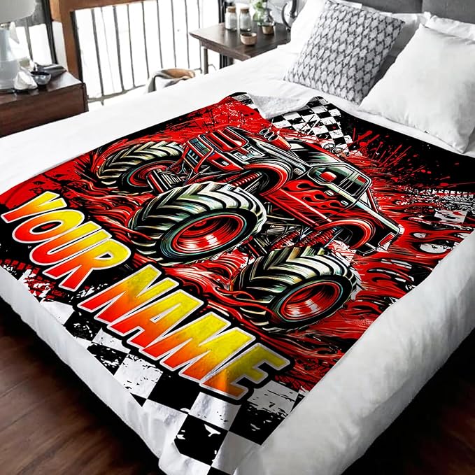 Personalized Blanket for Boys, Truck Throw Blanket Gifts for Kids Teens, 50"x60" Cool Custom Flannel Blankets Gift for Son Cars Lovers Lightweight Throws for Couch Sofa Bed Decor