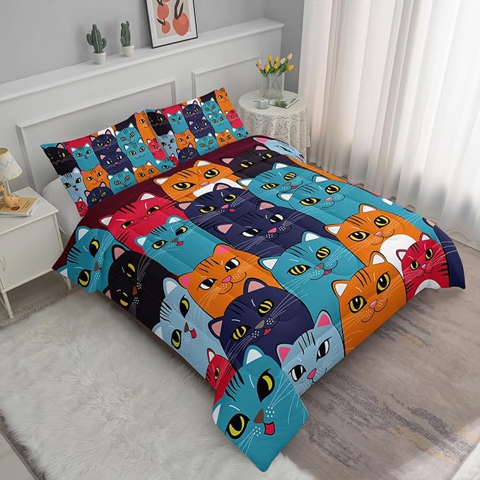 Axolotl Cartoon Cat Comforter Set King Size,Cute Colorful Cat Bedding Set for Kids Boys Girls,Cats Animal Comforter,Kids Bedding for Adults Teens Room Decor,All Season,1 Duvet 2 Pillow Cases
