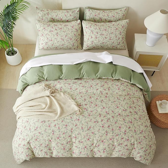 Jane yre Floral Queen Duvet Cover Soft Brushed Microfiber Crinkle Gauze 3 Pieces Floral Bedding Set, Garden Vintage Style Flower Pattern Duvet Cover with Zipper Closure Luxury Breathable Comfy