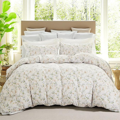 Green Floral Duvet Cover Queen Size 100% Cotton Botanical Coquette Bedding Sets with Zipper Closure 3 Pieces Soft & Breathable Reversible Comforter Cover