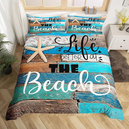 Castle Fairy Lake House Duvet Cover Queen Size,Blue Farmhouse Barn Door Bedding Set Kids Teens Adults Room Decor,Hawaiian Ocean Comter Cover Starfish Sea Life Quilt Cover,2 Pillowcases,Vintage Brown