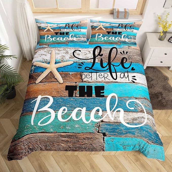 Lake House Duvet Cover Twin Size,Blue Farmhouse Barn Door Bedding Set for Kids Teens Adults Room Decor,Hawaiian Ocean Comforter Cover Starfish Sea Life Quilt Cover,1 Pillowcase,Vintage Brown