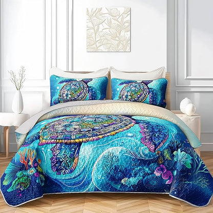 Blue Turtle Quilts Bedding Full 3Pcs Watercolor Flower Tortoise Bed Set Ocean Animal Coral Seaweed Starfish Pattern Bedspread Coverlet with 2 Pillowcases for Kid Boy Girl Teen Adult Room Decor