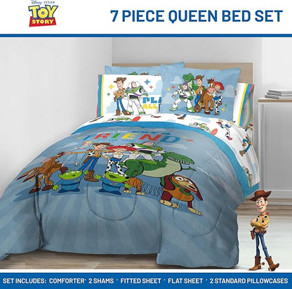 Jay Franco Kids Comforter Set Includes Sheets and Pillow Cover - Soft and Cozy Bed Set for Stylish Room Décor, Blue - Toy Story, 7 Piece Queen