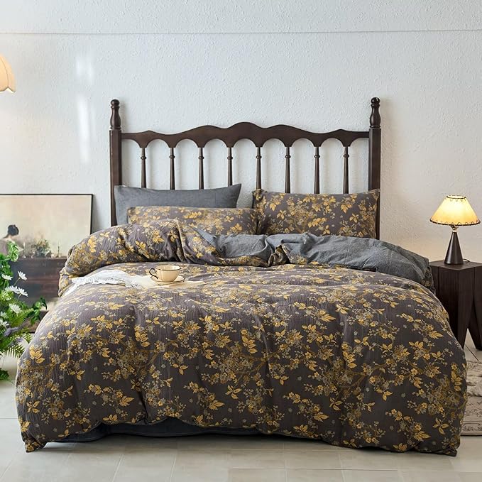 BuLuTu Jacquard Textured Muslin Duvet Cover Set King, Cottage Comforter Cover Yellow Floral, Ultra Soft Breathable Yarn-Dyed Cotton Quilt Cover with 2 Pillow Cases, 104"x90", All Seasons
