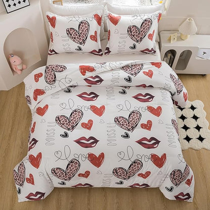 Caressma Heart Print Comforter Set King Size, Lips Print Love Teens Romantic Comforter Set for Girls, Red and Leopard Sexy Heart Pattern Bedding Comforter Set for Valentine's Day