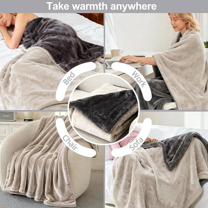 Electric Heated Blanket Throw 50''x60'' – Soft Dual-Sided Flannel, 12 Heat Settings, Smart Timer, ETL & FCC Certified, Machine Washable (Deep Gray & Light Gray)