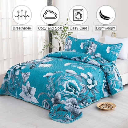 Floral Quilt Set King 3 Pieces Teal Blue Floral Quilt Coverlet Set Soft Microfiber Lightweight Teal Blue Quilted Bedspread for All Season 104"x90"