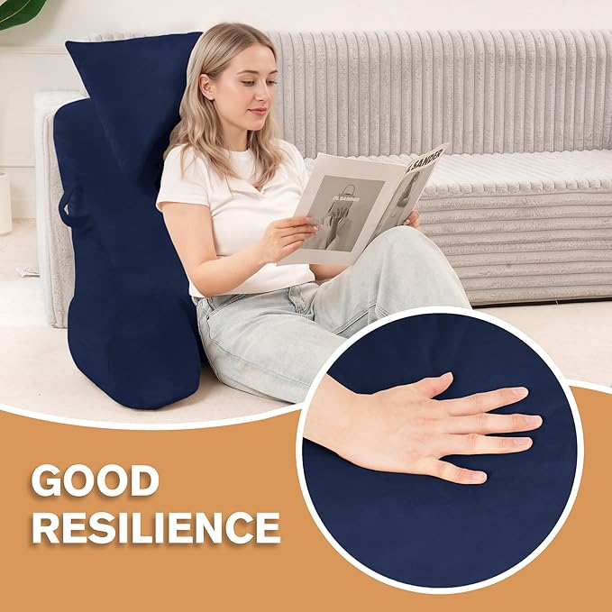 Portable Reading Pillows with Headrest for Bed Sitting Up(Royal Blue Oeko-Tex), Velvet Back Pillow with Arms & Pockets for Adults, Support Memory Foam Bed Pillow for Dorm/Watching/Gaming