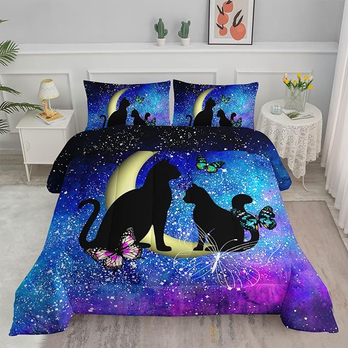 Black Cat Bedding Cartoon Cat Comforter Set Twin,Butterflies Moon Printed Kids Bedding Set for Kids Boys Girls Adults Teens,Kids Comforter Set All Season,1 Quilt 2 Pillow Cases,Blue