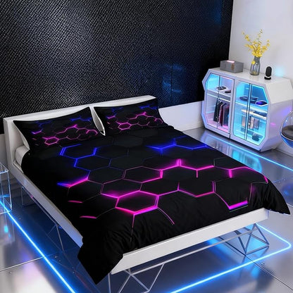 3D Honeycomb Duvet Cover Set King Size,Hexagon Theme with Pink Blue Neon Lights Comforter Cover,Boys Teen Man Chic Creative Home Bedding Quilt Cover 3 Piece with 2 Pillowcases,Black
